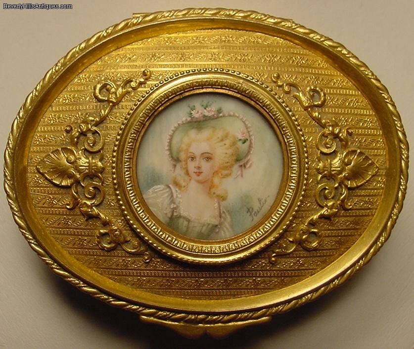 Antique Gilt Bronze Jewelry Box Signed Mini Portrait  