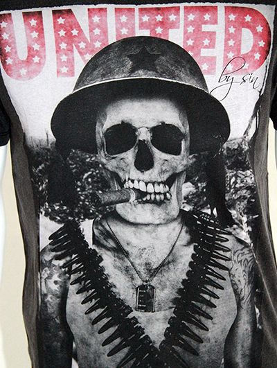 SINSTAR CLOTHING United by Sin Skeleton Soldier Print T Shirt   Grey 