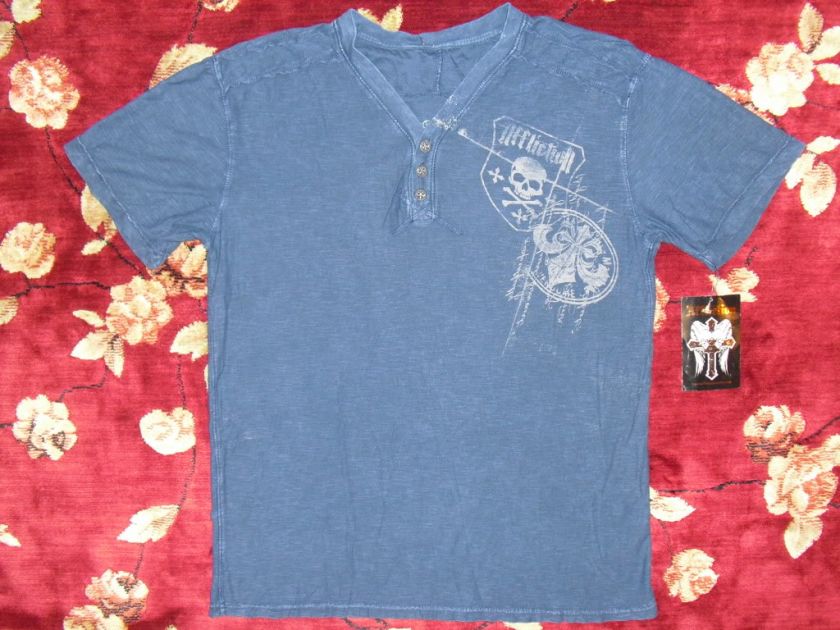   Blue Henley Shirt Size Medium M Authentic World War Skull Cross  
