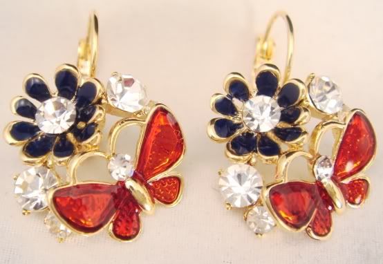 18K GOLD FILL USE CLEAR SWAROVSKI CRYSTAL BLUE RED FLOWER BUTTERFLY 