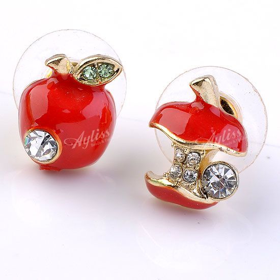   Red Apple Shape Bead Crystal Glass Girls Ear Stud Earrings  