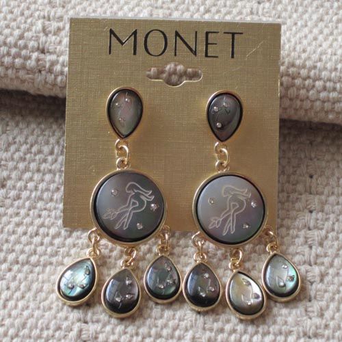 Monet Graceful Gold Tone Rhinestone Shell Engraved Drop Hook Earrings 
